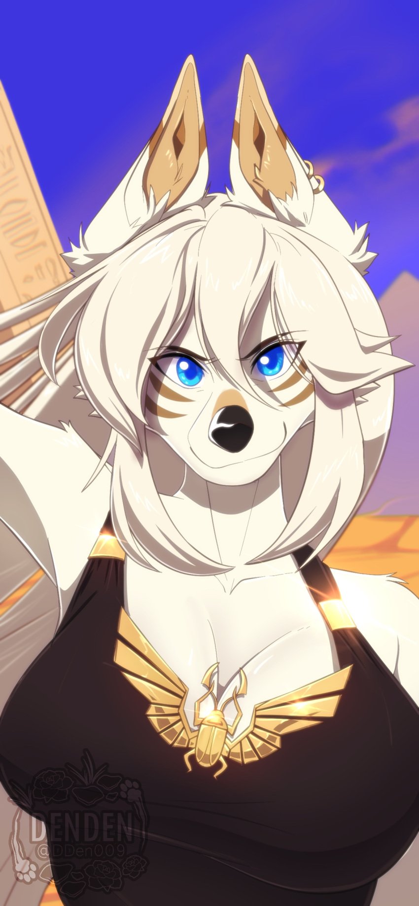 1girls big_breasts black_tank_top blue_eyes breasts canine close-up dden009 denden ears_up face_closeup facial_markings female furry looking_at_viewer outdoors pyramid smirk solo solo_female watermark white_body white_fur white_hair