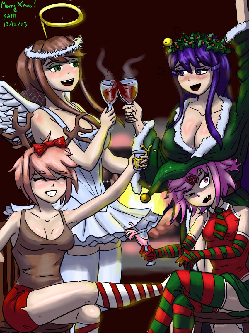 4girls alcohol blue_eyes blush boobs_on_head breast_blush breasts_almost_out christmas_outfit cleavage comedy coral_pink_hair cosy cute_expression doki_doki_literature_club drunk elf_costume fairy_costume fancy_dress female female_only green_clothing green_eyes halo holly_wreath kainlarsen kneesocks large_breasts light_brown_hair low_cut_dress low_cut_top medium_breasts monika_(doki_doki_literature_club) multiple_girls natsuki_(doki_doki_literature_club) pale-skinned_female party pink_eyes pink_hair purple_eyes purple_hair reindeer_antlers robe sayori_(doki_doki_literature_club) shiny_hair shiny_skin short_shorts sitting_down skirt small_breasts standing thighhighs thighs tutu yuri_(doki_doki_literature_club)