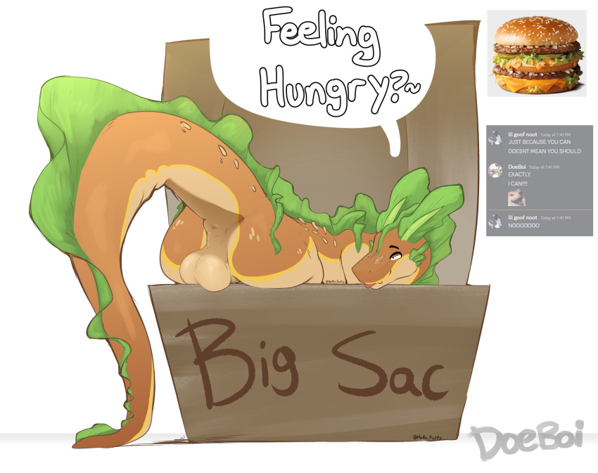 anus balls bedroom_eyes big_mac_(burger) doeboi dragon feral food food_creature genitals hi_res male narrowed_eyes presenting presenting_anus seductive solo speech_bubble