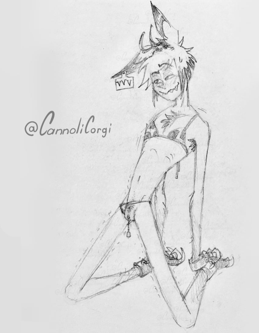 alastor_(hazbin_hotel) biting_lip blush bondage bound_ankles bound_wrists cannolicorgi cuntboy hazbin_hotel hooved_toes pubic_hair sketch solo_male sounding sounding_beads tag two_piece_swimsuit