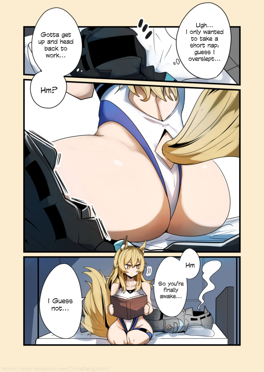 1boy 1girls 2023 alternative_costume animal_ear_fluff animal_ears arknights ass ass_focus bare_back big_ass blonde_hair breasts collarbone comic doctor_(arknights) english_text faint fluffy_tail gin_moku hi_res hips hood horse_ears horse_girl kemonomimi light-skinned_female light_skin long_hair lying nearl_(arknights) sitting swimwear text thighs unconscious very_long_hair yellow_eyes