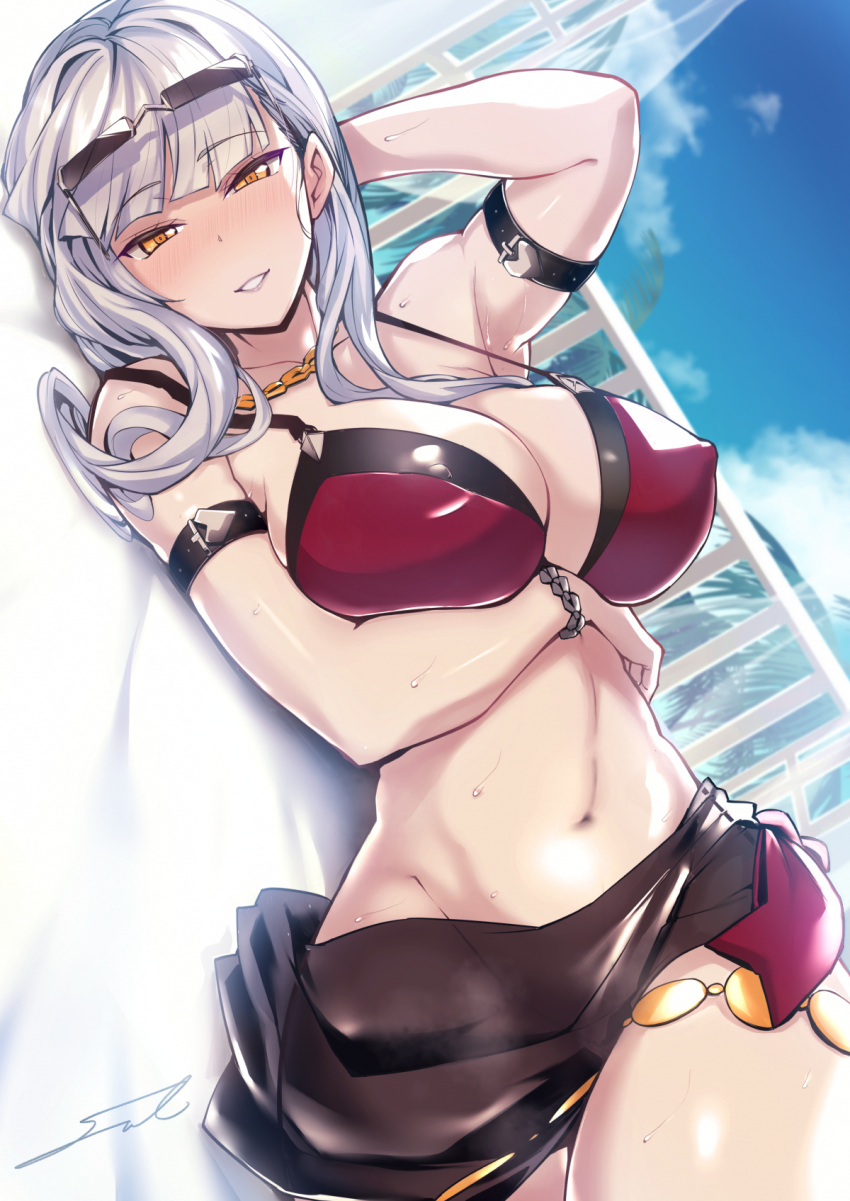 1girls arm_strap arm_under_breasts bare_shoulders bikini blush breasts carmilla_(fate) carmilla_(swimsuit_rider) cleavage covered_nipples day fate/grand_order fate_(series) female fue_(rhomphair) highres large_breasts long_hair lying navel on_back outdoors parted_lips pointy_chin red_bikini signature silver_hair smile solo sunglasses sunglasses_on_head sweat swimsuit yellow_eyes