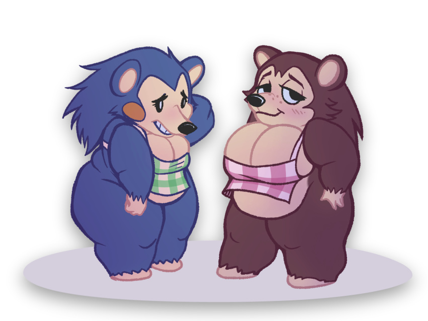 2girls animal_crossing anthro apron apron_only belly blue_fur blue_hair blush blush_lines breasts brown_fur brown_hair chubby chubby_female cleavage fat female female_focus female_only furry hedgehog hedgehog_humanoid hips large_breasts mabel_able nintendo nude nude_female sable_able stomach tan_fur thick_thighs thighs wide_hips zidgel