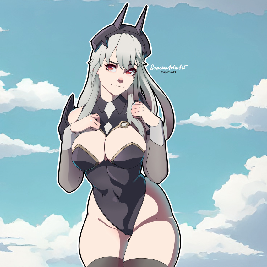 1girls artist_name belly belly_button black_stockings bodysuit boob_window bunnysuit clothed clouds covered_navel digital_drawing_(artwork) facing_viewer female female_focus female_only fortnite fully_clothed hair_ornament hand_on_breast headwear lexa_(fortnite) light-skinned_female long_hair looking_at_viewer princess_lexa_(fortnite) red_eyes sky sleeves standing stockings superaxlart thick_thighs thighhighs thighs twitter white_hair