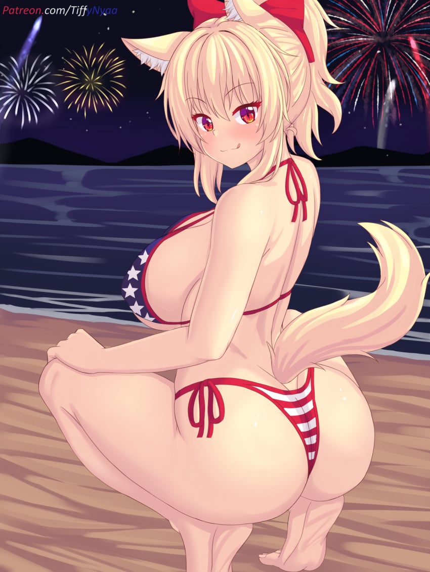 1girls 4th_of_july american_flag_bikini ass blonde_hair breasts bubble_butt cat_ears cat_tail catgirl dat_ass female hi_res huge_ass large_breasts long_hair naughty_face outdoors red_eyes smile squatting tail thick_thighs tiffy tiffynyaa