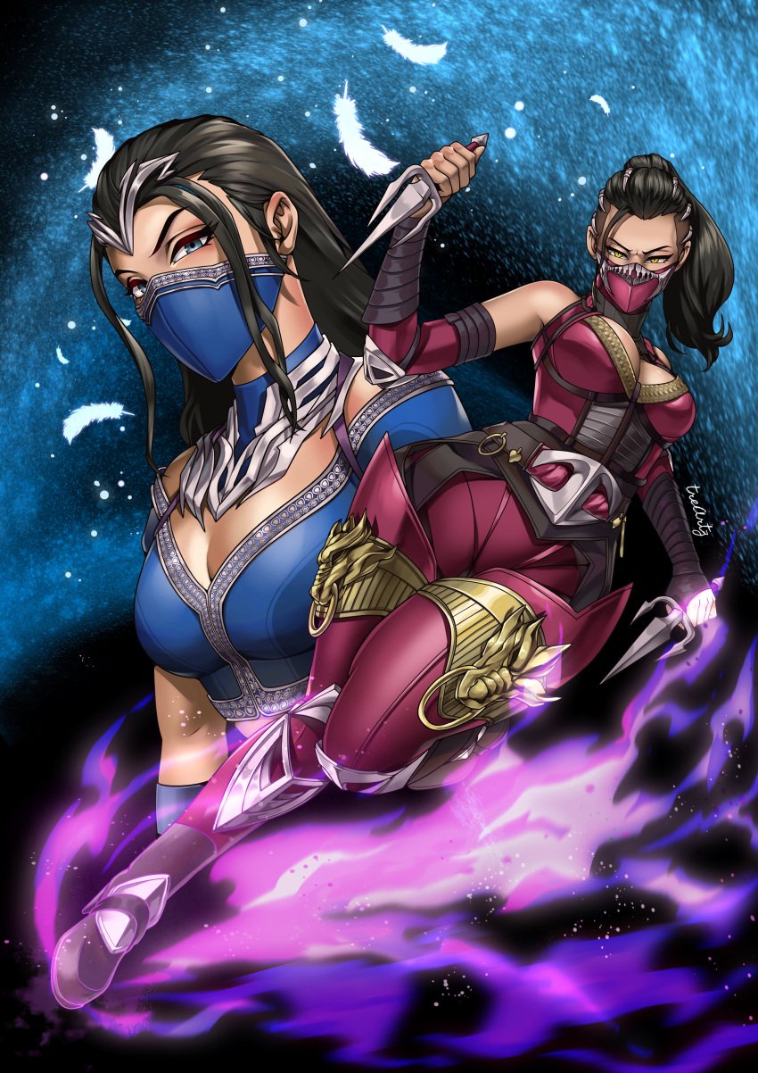 big_breasts big_thighs black_hair blue_eyes breasts edenian female female_only gold_(metal) kitana kitana_(new_era) long_hair mask masked masked_female mileena mileena_(new_era) mortal_kombat mortal_kombat_1_(2023) ponytail sai_(weapon) siblings silver_(metal) sisters tarkatan thighs thotlerrr treartz weapon yellow_eyes