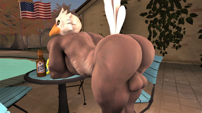 1boy 3d_(artwork) accipitrid accipitriform anthro ass avian bald_eagle balls beer_bottle big_butt bird bird_(petruz) bottle bubble_butt container digital_media_(artwork) eagle genitals hi_res huge_butt kyleroo looking_at_viewer male male_only muscular muscular_male nude outside petruz_(copyright) presenting presenting_hindquarters sea_eagle smile solo source_filmmaker stars_and_stripes united_states_of_america