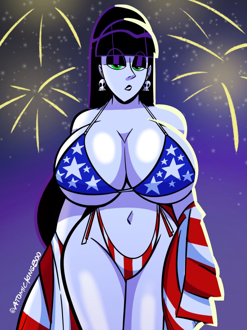 1girls 2023 4th_of_july american_flag american_flag_bikini artist_signature ass atomickingboo belly_button big_ass big_breasts black_hair breasts earrings eyeshadow female fireworks fourth_of_july goth goth_girl green_eyes half-closed_eyes holidays huge_breasts lindel_dollice_quilten lipstick long_hair night night_sky nighttime nude original_character pornography skull_earrings solo thick thick_thighs thighs wide_hips