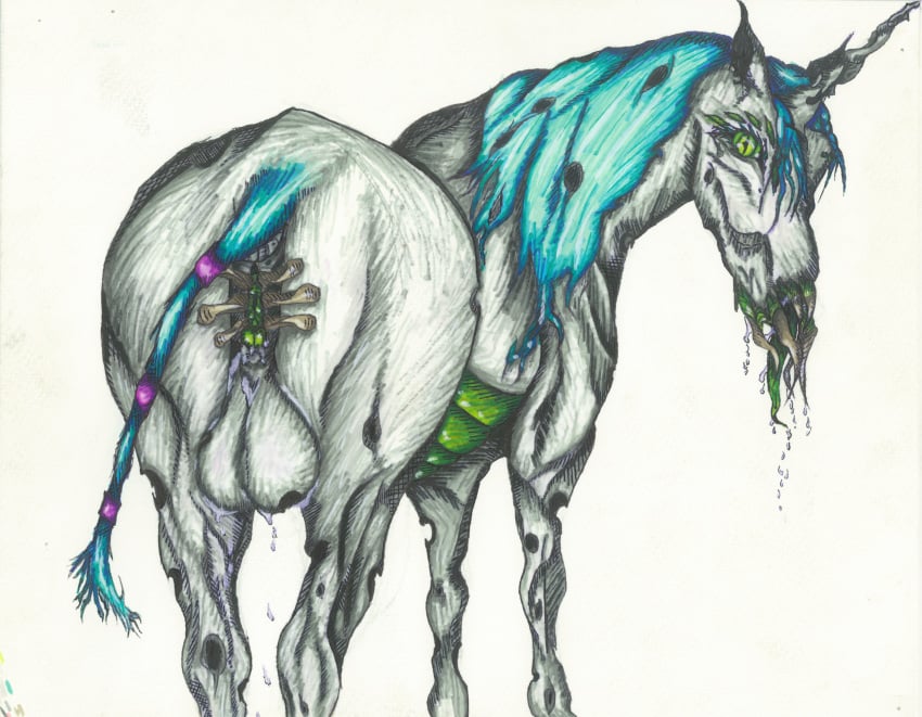 absurd_res arthropod balls blue_hair bodily_fluids changeling clawtoris equid equine eyelashes eyelashes_through_hair eyeliner feral friendship_is_magic futanari genital_fluids genitals green_pussy green_tongue grotesque_genitals hair hasbro herm hi_res hole_(anatomy) horn horror_(theme) huge_filesize intersex makeup mammal mandibles my_little_pony pussy pussy_juice quizaro saliva saliva_on_tongue saliva_string solo sweat sweaty_balls sweaty_genitalia tongue tongue_out translucent translucent_hair