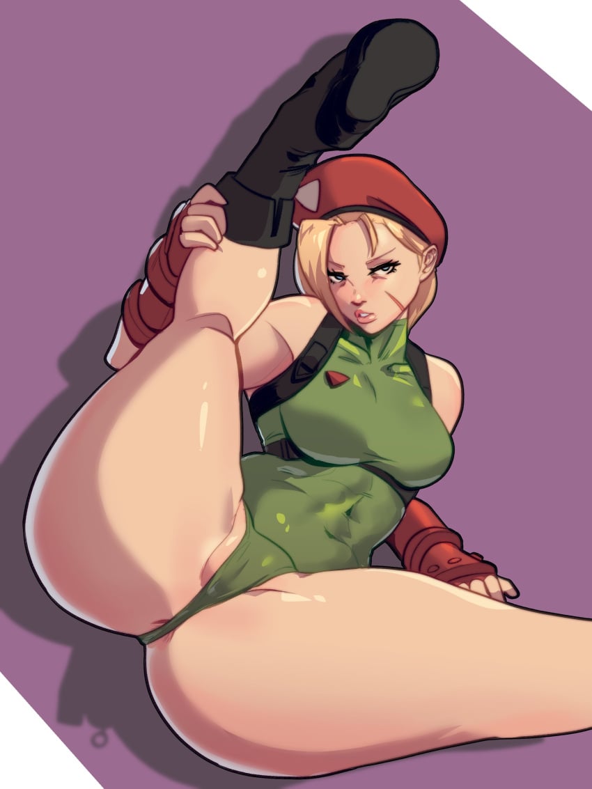 1girls anus_peek beret black_footwear blonde_hair boots braid cammy_white combat_boots covered_abs covered_navel female female_only fingerless_gloves gloves green_leotard harness hat highres leg_up legs legs_apart legs_spread leotard looking_at_viewer narrowed_eyes pussy_floss red_gloves red_headwear scar scar_on_cheek scar_on_face skullworms solo spread_legs street_fighter street_fighter_v thick_thighs thighs thong_leotard twin_braids very_high_resolution