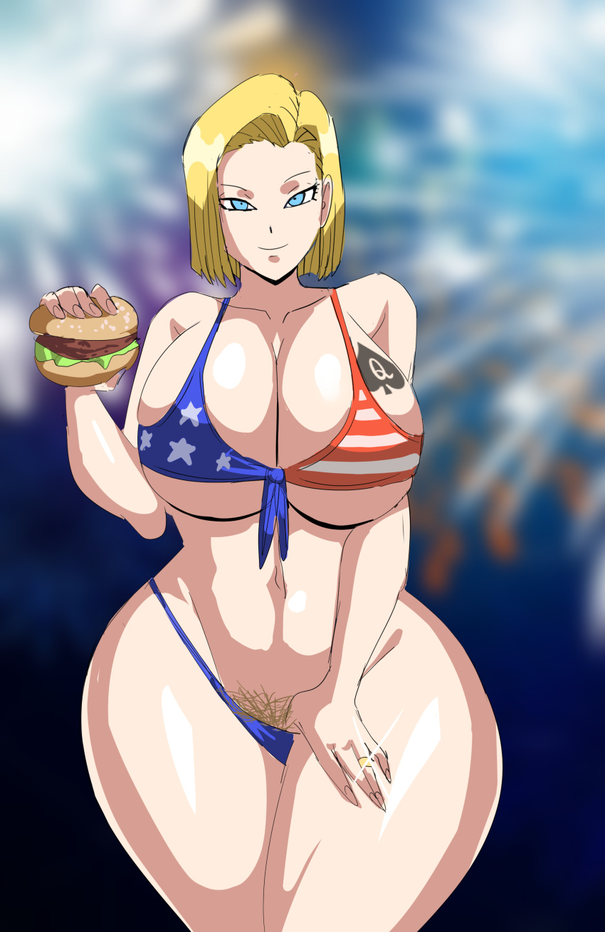 4th_of_july american_flag_bikini android_18 blonde_hair blue_eyes breast_tattoo cuckold dragon_ball gtsn17 hamburger huge_breasts interracial netorare ntr pubic_hair qos queen_of_spades queen_of_spades_symbol spade_tattoo tattoo wedding_ring wide_hips