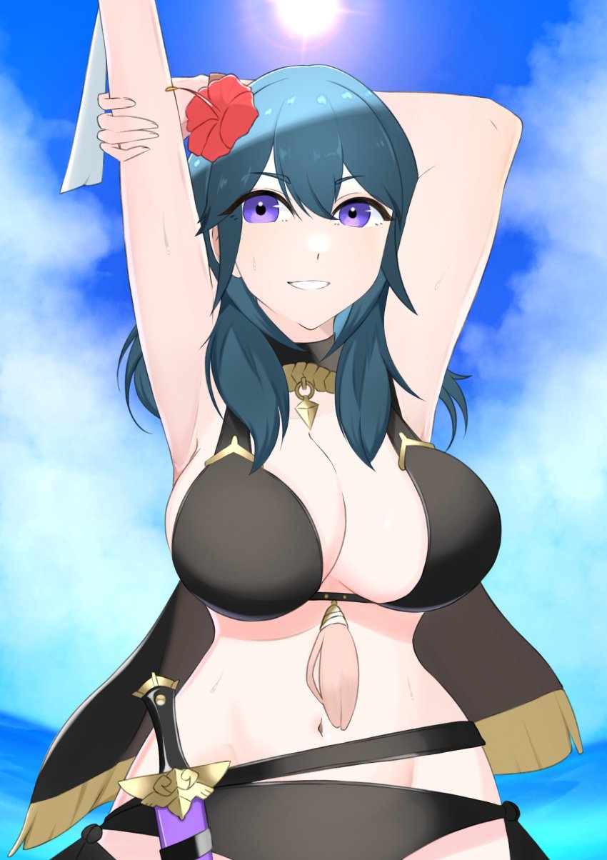 alternate_costume bikini black_bikini black_swimsuit breasts byleth_(fire_emblem) byleth_(fire_emblem)_(female) byleth_(summer)_(fire_emblem)_(female) female female_only fire_emblem fire_emblem:_three_houses fire_emblem_heroes nintendo official_alternate_costume ondur solo swimsuit