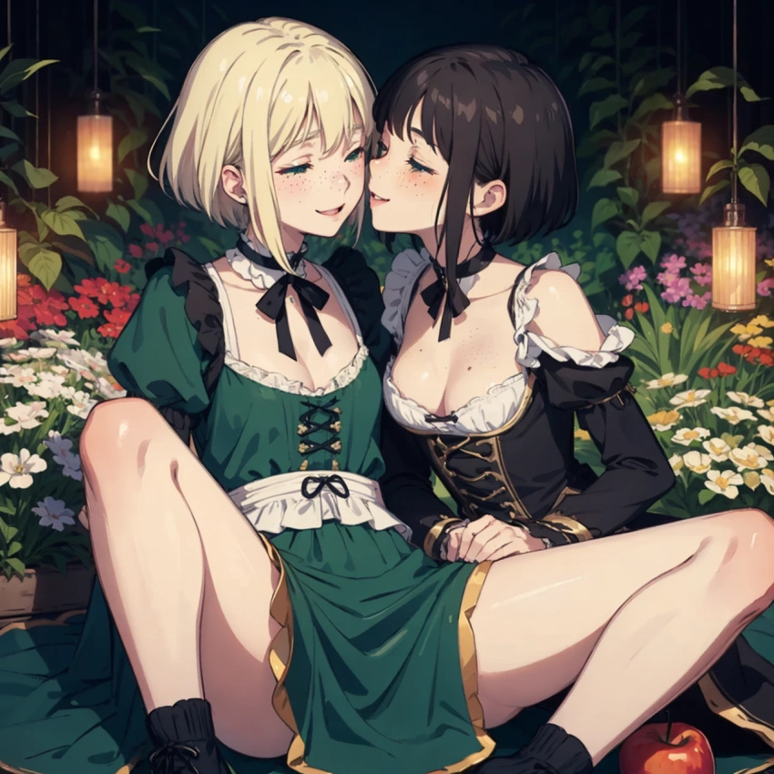 2girls ai_generated amandine_weisshorn apple dirndl dress enjuuji flower freckles freckles_on_face garden half-closed_eyes kissing lamp lauran_hesselberg light plant small_breasts smile smiling yuri