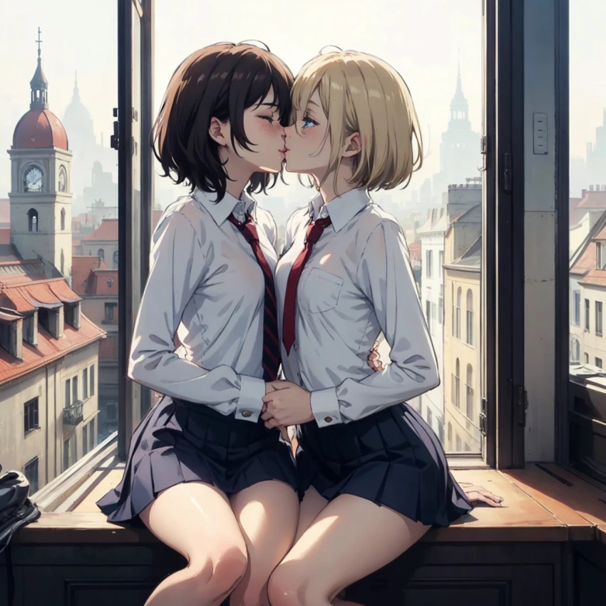 2girls ai_generated amandine_weisshorn blonde_hair blue_eyes blue_skirt brown_hair building city_background enjuuji kissing lauran_hesselberg necktie on_table pale-skinned_female red_tie school_uniform skirt table window yuri