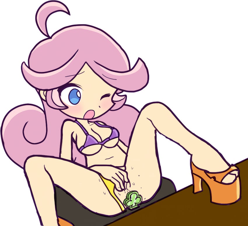 accurate_art_style anal bikini blue_eyes breasts buttplug fingering furii_(artist) heels high_heels iquestx_commissions jewel_buttplug masturbation one_eye_closed orange_heels pink_hair purple_bra puyo_puyo puyo_puyo_artstyle puyo_puyo_fever raffina_(puyo_puyo) sega sex_toy yellow_panties