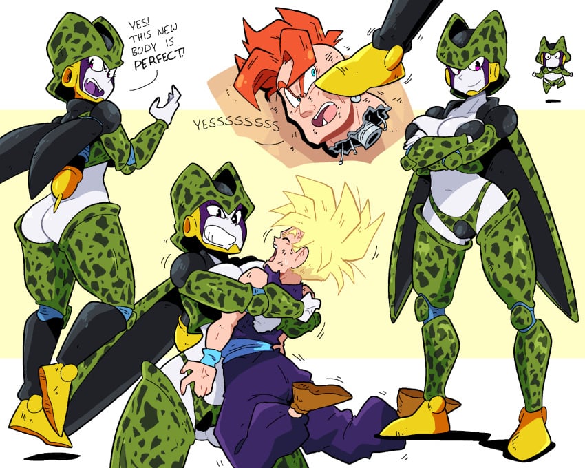 android android_16 arms_crossed blush breasts cell_(dragon_ball) cleavage dragon_ball female female_focus perfect_cell rule_63 scott_malin son_gohan stepped_on