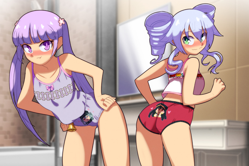 2girls bathroom bell camisole embarrassed euf-dreamer female female_focus female_only light_skin mirror multiple_girls panties underwear