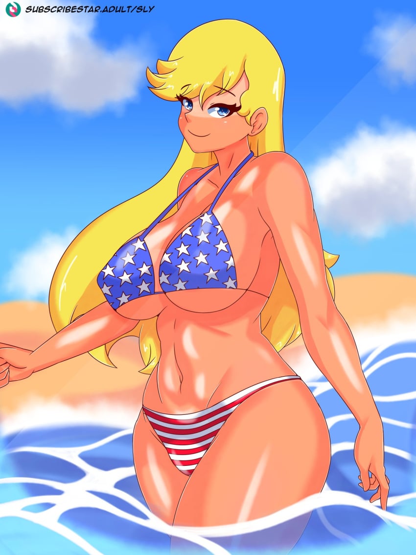 1girls 4th_of_july american_flag_bikini artist_signature beach big_breasts bikini blonde_hair blue_eyes breasts female female_only fourth_of_july holidays hourglass_figure huge_breasts large_breasts leni_loud looking_at_viewer nickelodeon ocean outdoors sand sly_(artist) smile smiling solo the_loud_house water wide_hips