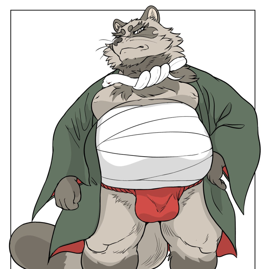 2023 anthro asian_clothing belly big_belly brown_body bulge canid canine clothing east_asian_clothing fundoshi hi_res hysk japanese_clothing kemono male mammal moobs overweight overweight_male raccoon_dog red_clothing red_fundoshi red_underwear solo tanuki underwear