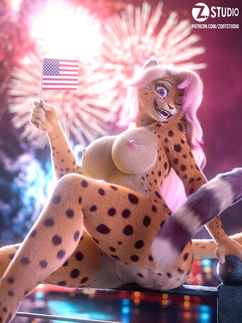 3d_(artwork) 4th_of_july alexandra_(velocitycat) anthro breasts camel_toe cheetah digital_media_(artwork) eyelashes felid feline female fireworks fur genitals hair hi_res looking_at_viewer mammal nipple_outline nipples nude one_eye_closed pink_hair pussy sitting smile solo spots spotted_body spotted_fur stars_and_stripes united_states_of_america whiskers yellow_body yellow_fur zorryn