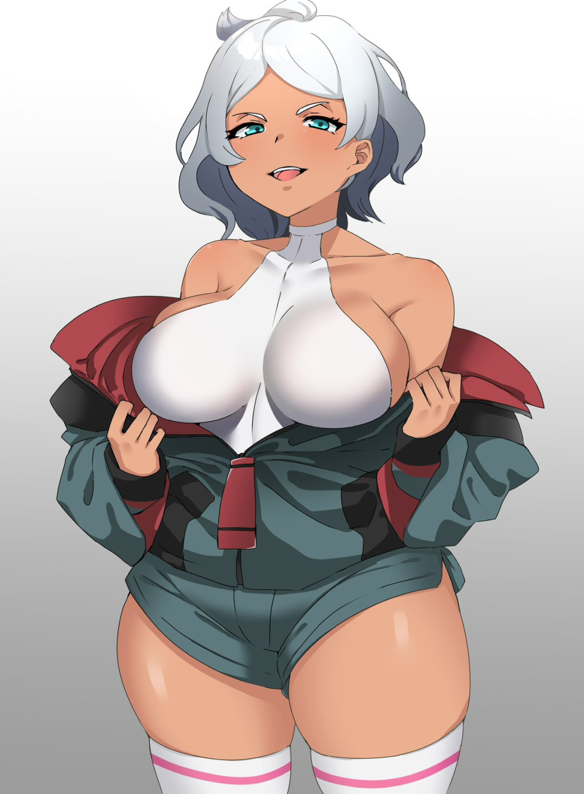 1girls azareiya_0702 big_breasts busty clothes_pull dark-skinned_female grey_hair gundam gundam_suisei_no_majo large_breasts legs leotard naughty_face presenting secelia_dote shorts sideboob smile thick_thighs thighs voluptuous