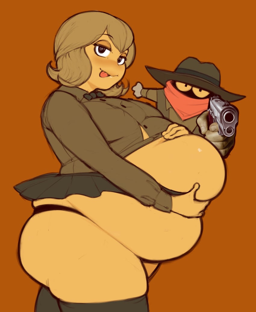 1boy 1female 1girls :p aiming_at_viewer bandana belly big_belly black_panties blue_skirt bow bowtie buttons cowboy_hat facing_viewer female hat headwear heart-shaped_pupils heart_pupils huge_belly looking_at_viewer mask miniskirt orange_background panties pewbutt pistol short_hair simple_background skirt thick_thighs thighhighs thighs tongue tongue_out walk_with_frog_wife