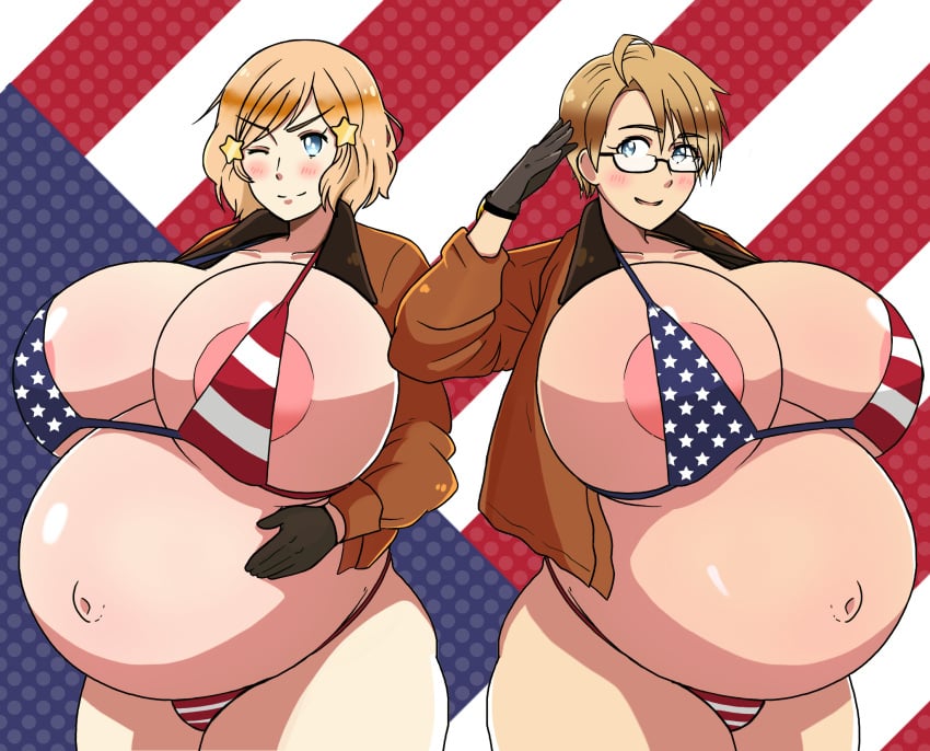 2girls alfred_jones alternate_version_available america_(hetalia) american_flag american_flag_bikini areola_slip areolae axis_powers_hetalia belly belly_button big_belly big_breasts bikini blonde_hair blue_eyes bomber_jacket breasts clothing female female_only fungus-man genderbend genderswap genderswap_(mtf) glasses gloves hairclip huge_belly huge_breasts jacket light-skinned_female light_skin multiple_girls multiple_pregnancies nipples nyotalia partially_clothed pregnant rule_63 salute self_upload short_hair tagme thick_thighs united_states_of_america