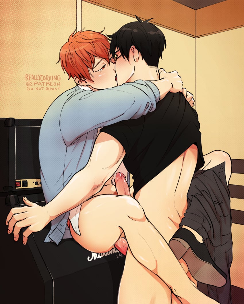 2boys amplifier anal anal_sex black_hair black_pants black_shirt cyan_shirt dripping_precum dripping_semen gay gay_sex given_(anime) hands_on_shoulders kissing kissing_while_penetrated leg_lock light_skin male male/male male_only male_penetrated male_penetrating male_penetrating_male male_pubic_hair orange_hair orgasm_face orgasm_from_anal pants_around_one_leg pubic_hair reallycorking sato_mafuyu_(given) standing uenoyama_ritsuka_(given) yaoi