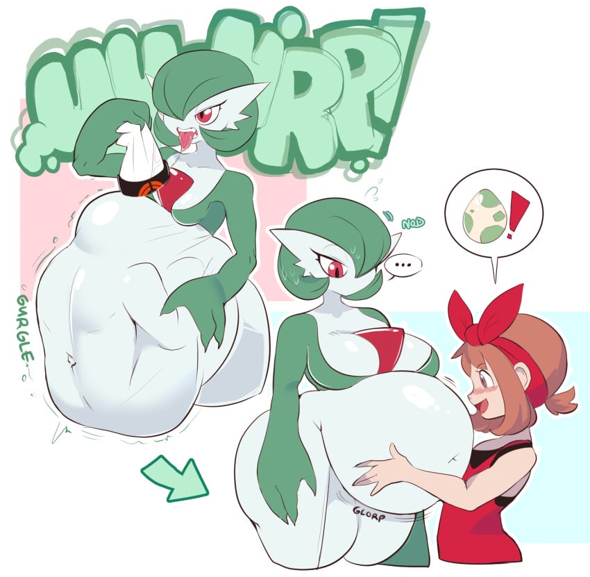 1boy 2girls after_vore ass_expansion big_ass big_belly big_breasts blush breast_expansion brendan_(pokemon) brendan_(pokemon_oras) brown_hair burping digestion digestion_noises dwps gardevoir hat holding_belly implied_vore large_belly may_(pokemon) may_(pokemon_oras) monster_girl navel pointy_ears pokemon pokemon_(species) pokemon_oras post_vore red_eyes same_size_vore stomach_bulge sweatdrop tagme teeth_showing thick_thighs vore vore_belly weight_gain wide_hips