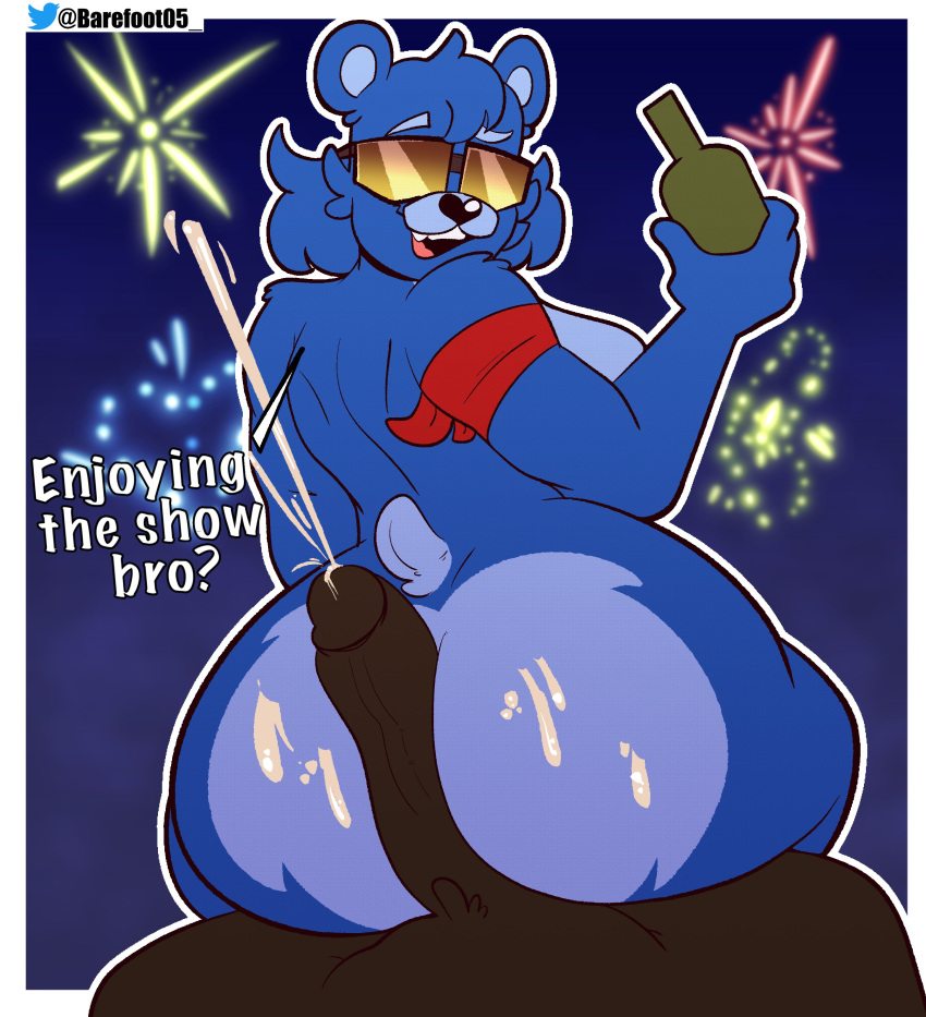 absurd_res anthro ass barefoot05 bear bodily_fluids cum cum_on_butt duo epic_games eyewear female fireworks fireworks_team_leader fortnite furry genital_fluids glasses hi_res hot_dogging male mammal