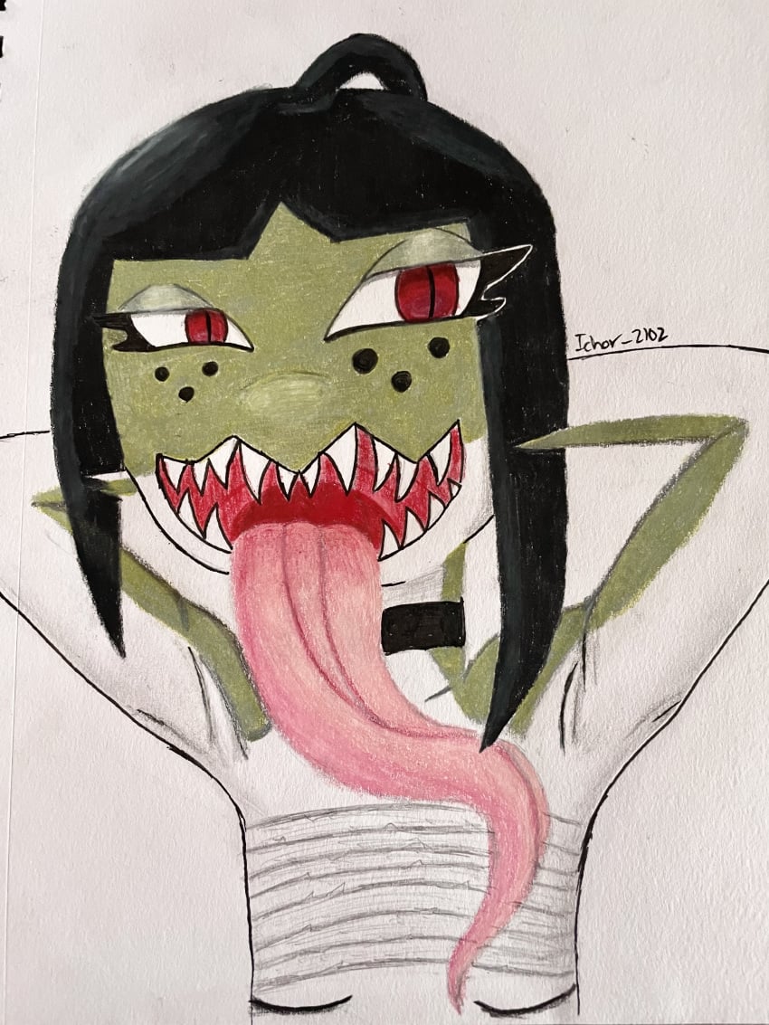 1girls 2023 armpits arms_behind_back arms_up bandage bandaged_chest black_hair covered_breasts fins flat_chest flat_chested freckles gills ichor long_eyelashes long_tongue olive_skin prismacolor red_eyes shark shark_humanoid sharp_teeth sharwile snout teeth tongue traditional_media_(artwork)