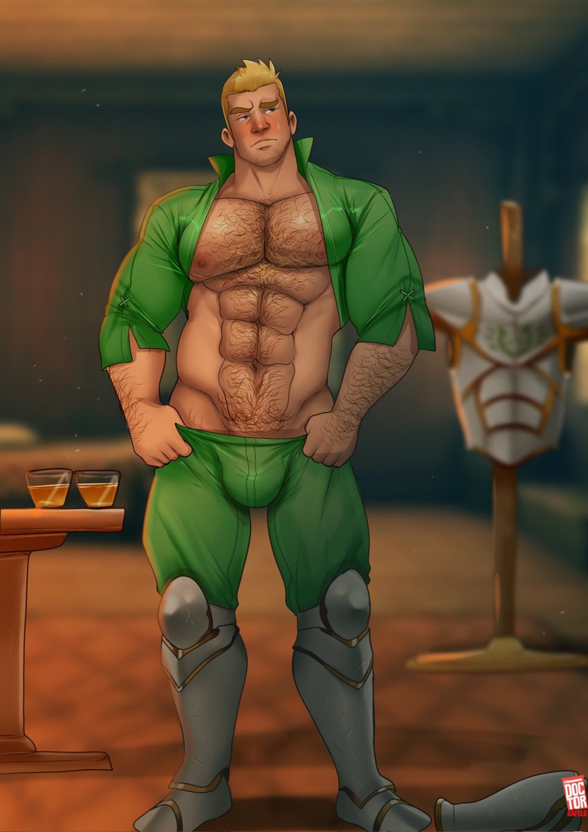 balls bara blush body_hair bulge chest_hair doctor_anfelo hairy jacket lavitz_(dragoon) male male_only muscles muscular open_jacket pants penis solo solo_male the_legend_of_dragoon