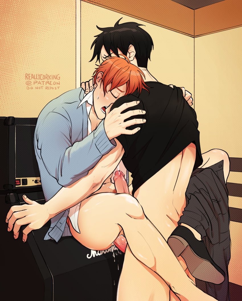 2boys amplifier anal anal_sex black_hair black_pants black_shirt cumming cyan_shirt dripping_cum dripping_semen gay gay_sex given_(anime) grabbing_neck hands_on_neck hands_on_shoulders kissing kissing_while_penetrated light_skin male male/male male_only male_penetrated male_penetrating male_penetrating_male male_pubic_hair orange_hair orgasm_face orgasm_from_anal pants_around_one_leg pubic_hair reallycorking sato_mafuyu_(given) standing uenoyama_ritsuka_(given) yaoi