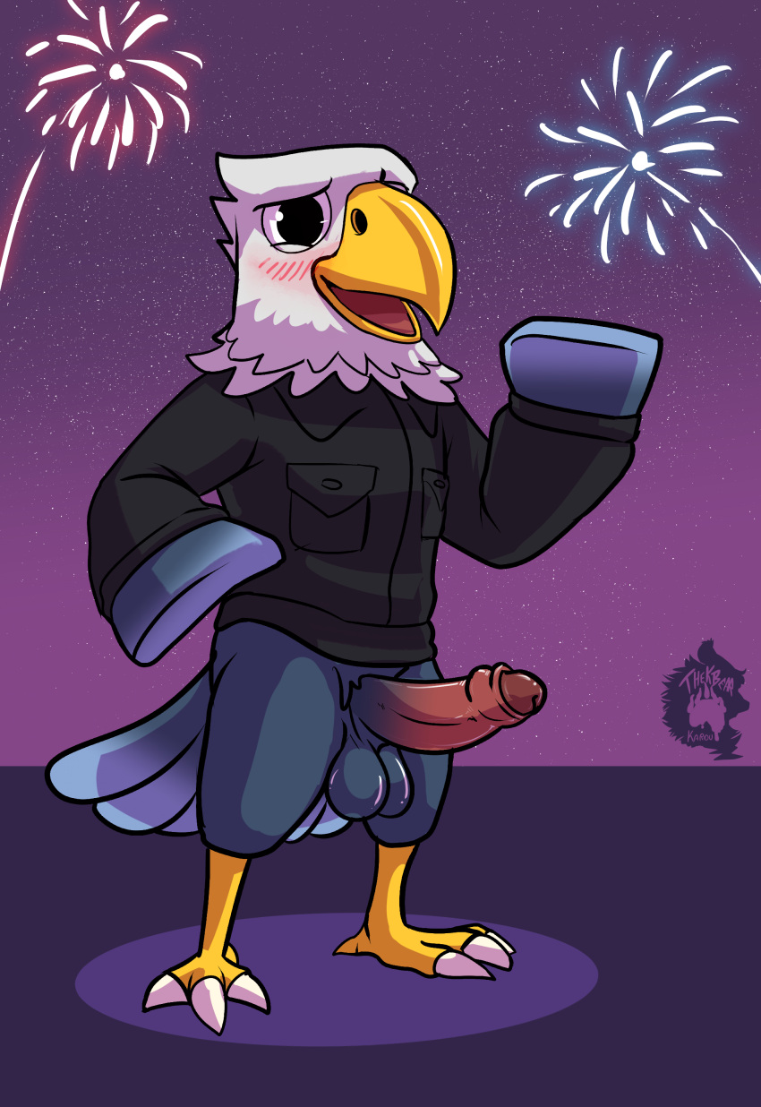 absurd_res accipitrid accipitriform animal_crossing anthro apollo_(animal_crossing) avian bald_eagle bird blush eagle fireworks foreskin furry genitals hi_res humanoid_genitalia humanoid_penis looking_at_viewer male male_anthro nintendo penis sea_eagle simple_background thekinkybear