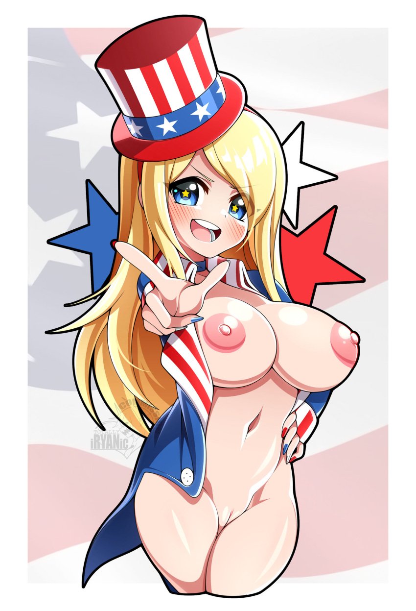 4th_of_july american_flag blonde_hair blue_eyes blush breasts female iryanic looking_at_viewer mostly_nude open-mouth_smile open_jacket pussy star_shaped_pupils tophat