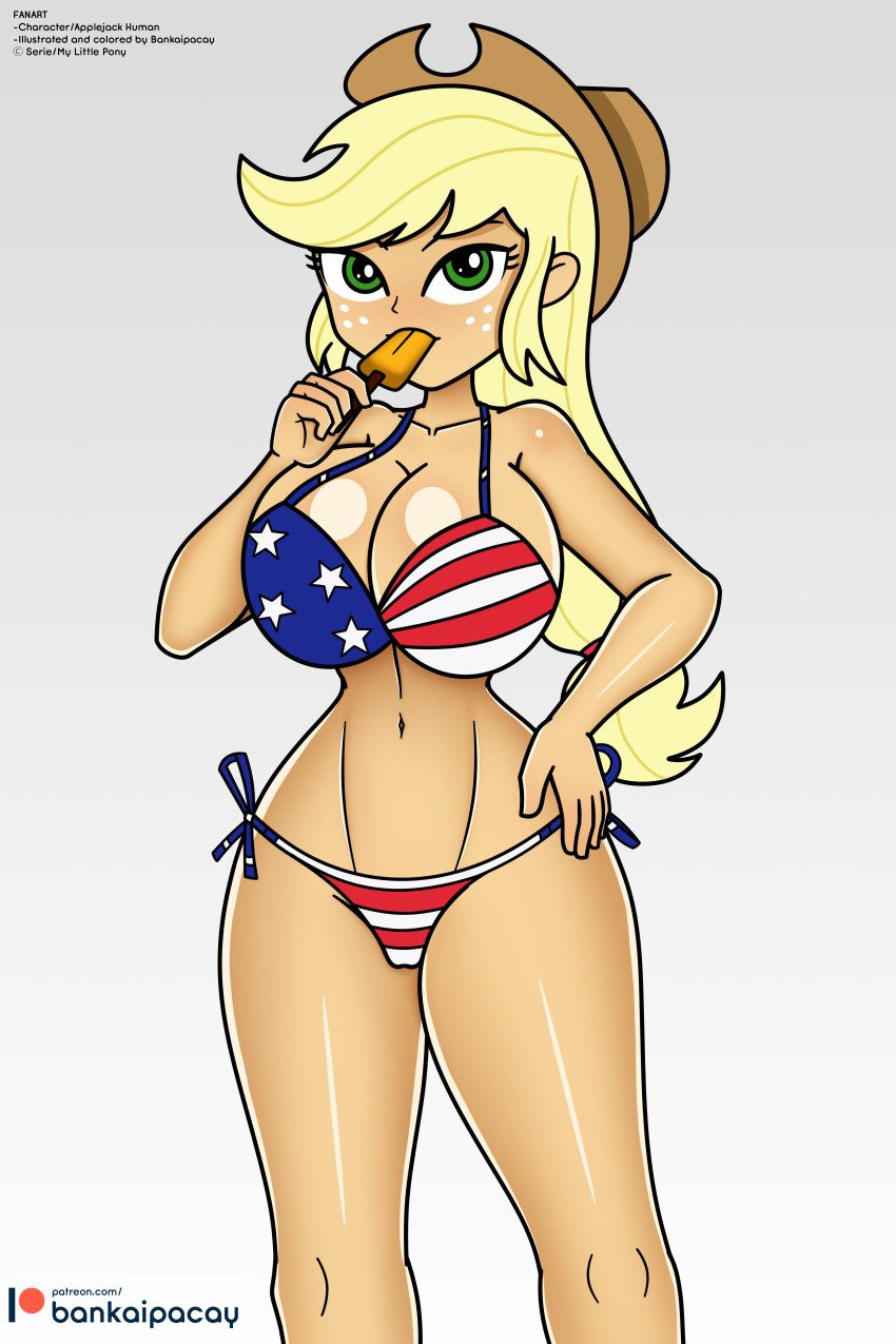 1girls alternate_version_available american_flag_bikini applejack_(eg) applejack_(mlp) bankaipacay blonde_hair cowboy_hat equestria_girls freckles friendship_is_magic green_eyes hand_on_hip hi_res high_resolution horny_female huge_breasts looking_at_viewer my_little_pony orange_skin outside popsicle sucking_popsicle tagme thick_thighs white_background