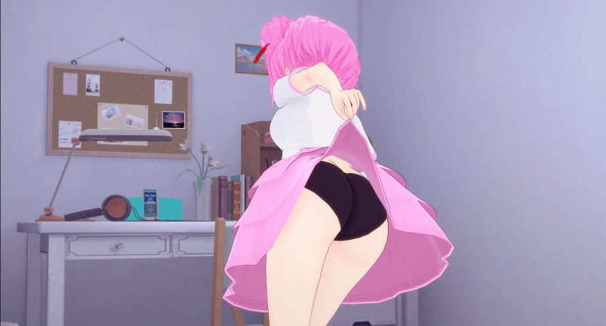 1female 1girls 3d 3d_(artwork) 3d_model 5_fingers ass ass back back_view behind_view black_panties book books breasts chair clothes clothing cork_board corkboard doki_doki_literature_club female flower furniture koikatsu lifted_by_self lifting_skirt natsuki_(doki_doki_literature_club) panties pink_hair pink_skirt plant real_maincharacter shirt skirt skirt_lift skirt_lifted_by_self solo_female solo_focus vase