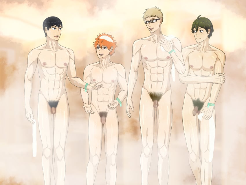 4boys abs artist_request balls ballsack bathhouse black_hair blonde_hair brown_hair flaccid_penis foreskin glasses haikyuu!! human intact lean_muscle long_foreskin male male_nipples male_only male_pubic_hair mosaic_censoring muscles muscular_male nude_male orange_hair partially_retracted_foreskin pecs penis pubes pubic scrotum shoyo_hinata small_penis smooth_skinned_male steam_room testicles tobio_kageyama tsukishima_kei uncut unretracted_foreskin yamaguchi_tadashi