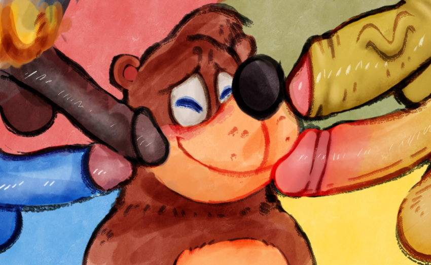 2020 5boys anthro balls banjo-kazooie banjo_(banjo-kazooie) bear black_nose bowserboy101 brown_body brown_fur closed_eyes digital_media_(artwork) fur gay genitals group hi_res humanoid_genitalia humanoid_penis male male/male mammal penis penis_everywhere rareware simple_background smile vein veiny_penis