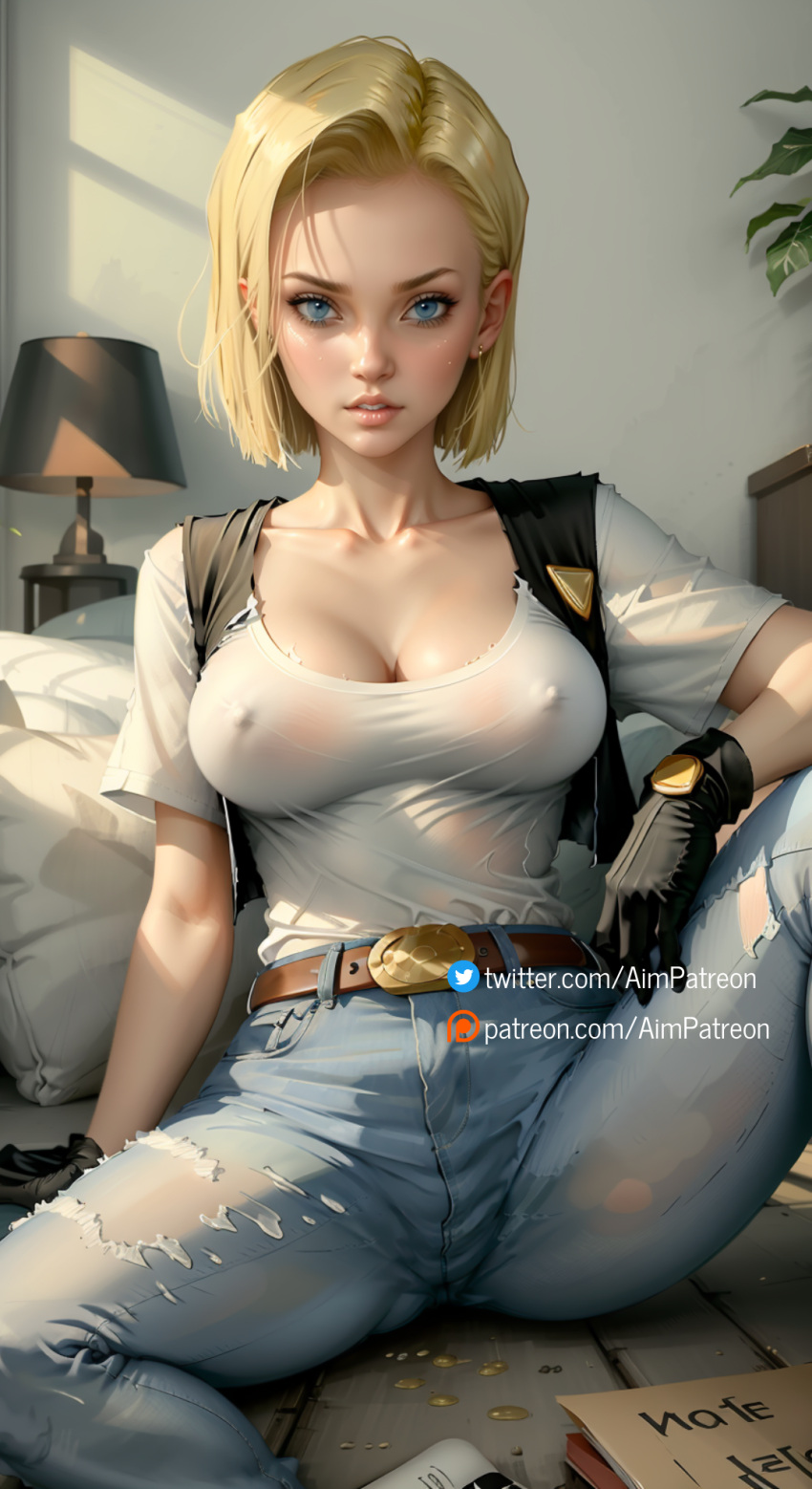 ai_generated aim_patreon android_18 bamboo belt blonde_hair blue_eyes breasts cactus cleavage collarbone couch covered_nipples denim dirty dirty_clothes dragon_ball dragon_ball_z female flower_pot gloves indoors ivy jeans large_breasts leaf looking_at_viewer nipples no_bra on_couch palm_tree pants parted_lips picture_\(object\) plant potted_plant realistic see-through shirt short_hair sitting solo spread_legs tanabata torn_pants wet_shirt