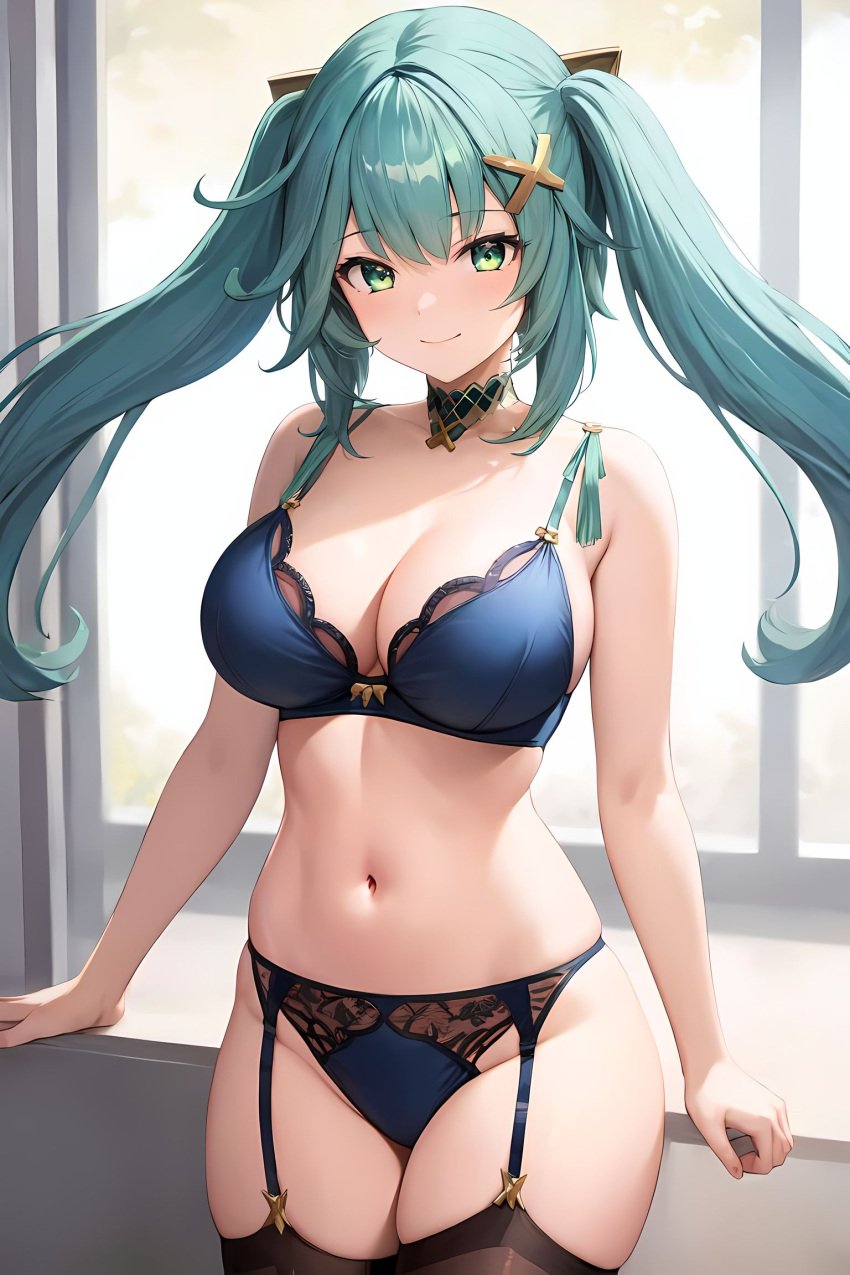 1girls ai_generated black_socks curvaceous curvy_body curvy_female curvy_figure faruzan_(genshin_impact) female_focus female_only garter_straps genshin_impact hi_res huge_breasts lingerie mimi_ai seductive socks stable_diffusion thigh_socks thighhighs voluptuous voluptuous_female