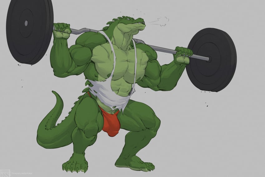 1boy abs alligator anthro artist_logo artist_name ball_bulge bara beefy biceps big_balls big_penis bulge bulge_through_clothing claws crocodile crocodilian crocodylid flaccid_penis forge_(artist) gay green_skin hi_res highres huge_bulge humanoid_genitalia humanoid_penis male male_nipples male_only male_thong masculine muscles muscular_male no_visible_genitalia patreon_username pecs penis_outline reptile reptile_humanoid ripped_clothing semi-erect solo tank_top teeth teeth_visible underwear