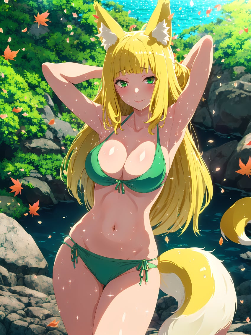 1girls ai_generated armpits arms_up big_breasts bikini blonde_hair dungeon_ni_deai_wo_motomeru_no_wa_machigatteiru_darou_ka fox_ears fox_girl fox_tail green_eyes haruhime long_hair sanjouno_haruhime swimsuit tagme wide_hips