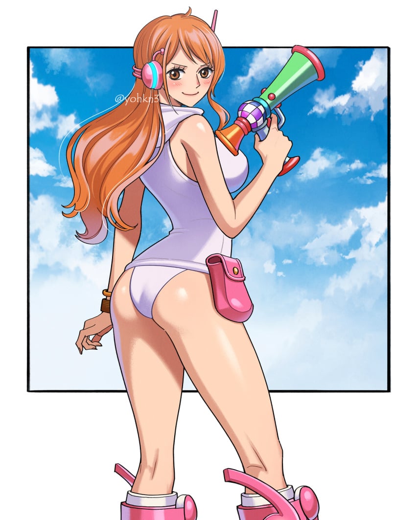 1girls ass ass_focus blush boots brown_eyes curvy dat_ass egghead female female_only futuristic gun laser_gun leotard long_hair nami one_piece orange_hair panties post-timeskip sky sky_background solo thick_thighs yohkn3