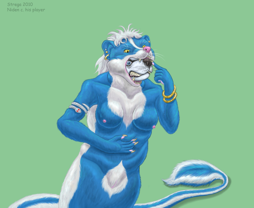 2010 almost_fully_inside ambiguous_gender ambiguous_prey anthro anthro_pred anthro_prey apode artist_name blue_body blue_eyes blue_fur bracelet breasts canid canine draconcopode duo ear_piercing ear_ring english_text fangs feet_first female female_pred fur genitals green_background hair jewelry legless mammal markings mephitid multicolored_body multicolored_fur nipples nude oral_vore piercing pussy ring_piercing serpentine simple_background skunk soft_vore spade_tail stomach_bulge strega striped_markings striped_tail stripes tail tail_markings teeth text two_tone_body two_tone_fur uvuzi vore white_body white_fur white_hair yellow_eyes