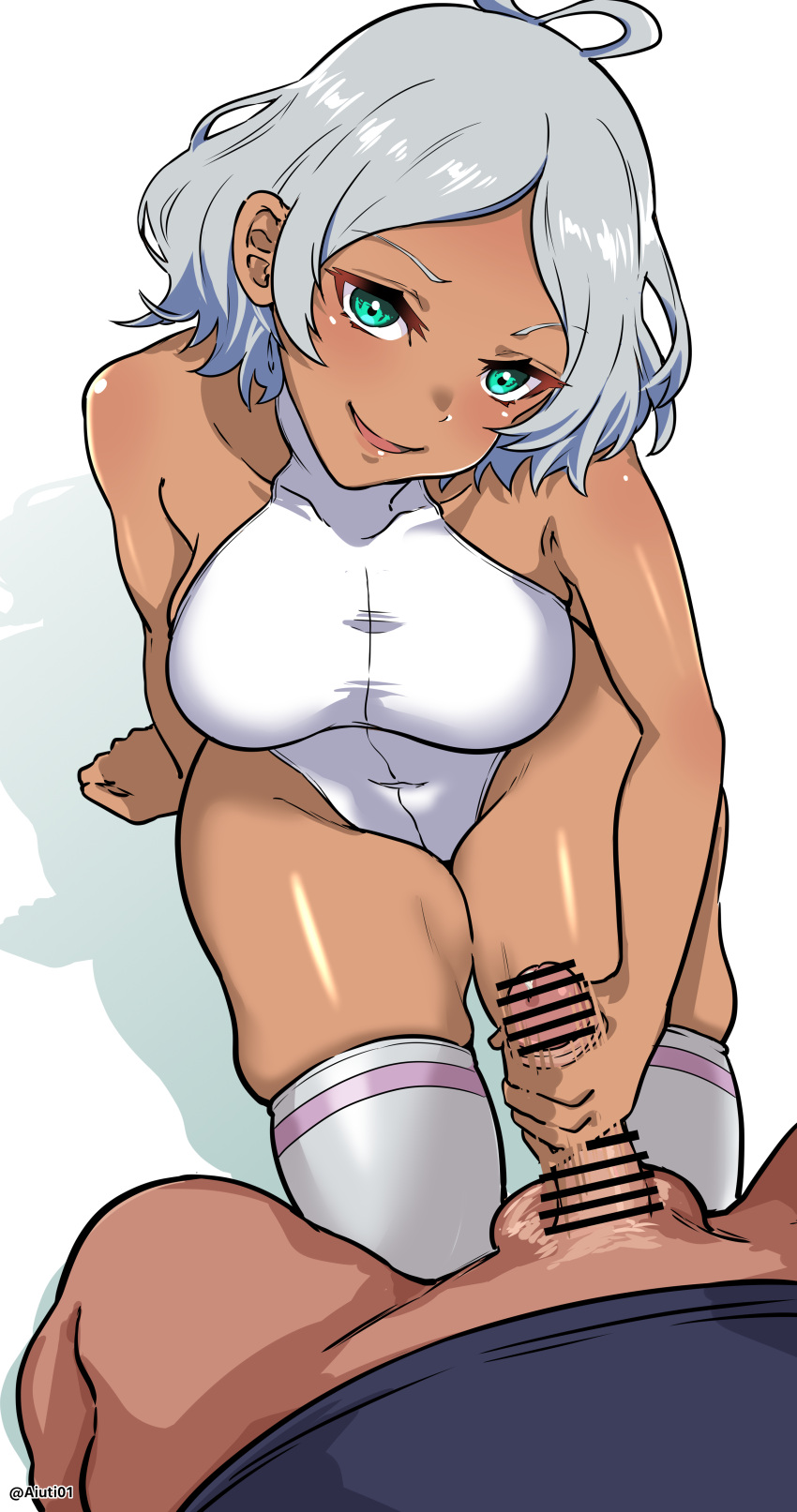 1boy :d absurdres ahoge aiuti aqua_eyes bar_censor bare_shoulders breasts censored dark-skinned_female dark_skin female grey_hair gundam gundam_suisei_no_majo handjob highleg highleg_leotard highres leotard looking_at_viewer medium_hair parted_lips penis pov secelia_dote skindentation small_penis smile straight testicles thighhighs white_thighhighs