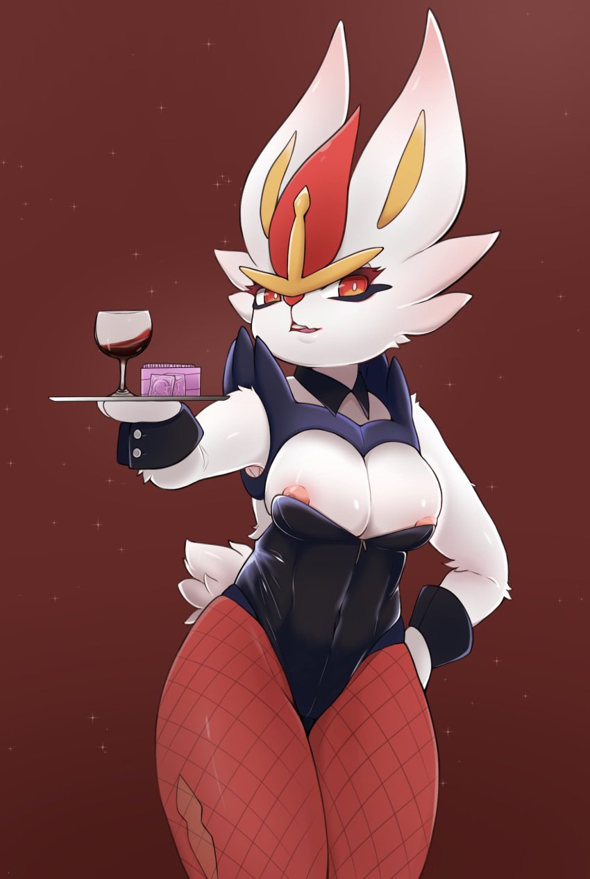 1girls 2d ahmik anthro bunny_ears bunny_tail cinderace female female_cinderace female_focus female_only fur furry furry_only lagomorph nintendo panties pokémon_(species) pokemon red_background red_eyes simple_background waitress waitress_uniform white_fur wine