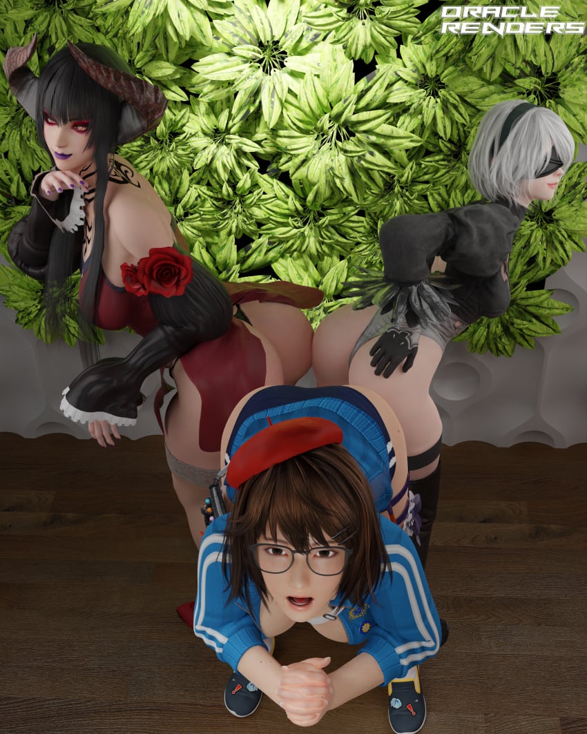 3d ass ass_grab ass_to_ass bending_forward bending_over beret big_ass big_breasts big_butt black_hair blindfold blindfolded breasts brown_hair butt_grab butt_to_butt butt_touch dead_or_alive dead_or_alive_xtreme_venus_vacation eliza_(tekken) female female_only glasses hand_on_butt horns multiple_females multiple_girls nier nier:_automata nier_(series) open_jacket open_mouth oraclerenders purple_lipstick rose rose_(flower) smug smug_face tekken tekken_7 thong tsukushi_(doa) vampire vampire_girl white_hair yorha_2b