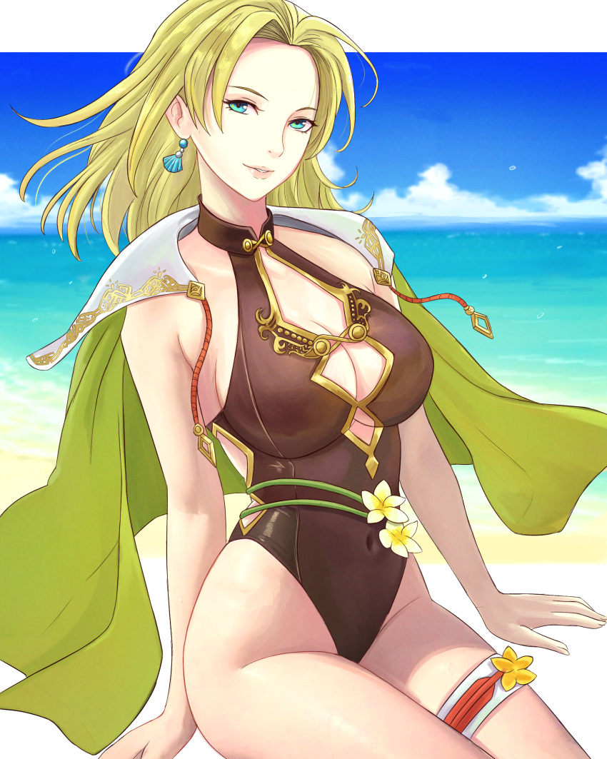 1girls absurdres alternate_costume beach blonde_hair breasts brown_one-piece_swimsuit brown_swimsuit cleavage cleavage_cutout clothing_cutout covered_navel female female_only fire_emblem fire_emblem:_the_sacred_stones fire_emblem_heroes green_eyes highres large_breasts looking_at_viewer medium_hair nintendo ocean official_alternate_costume on_ground one-piece_swimsuit outdoors parted_bangs selena_(fire_emblem:_the_sacred_stones) selena_(summer)_(fire_emblem:_the_sacred_stones) sideboob smile solo swimsuit truejekart underboob