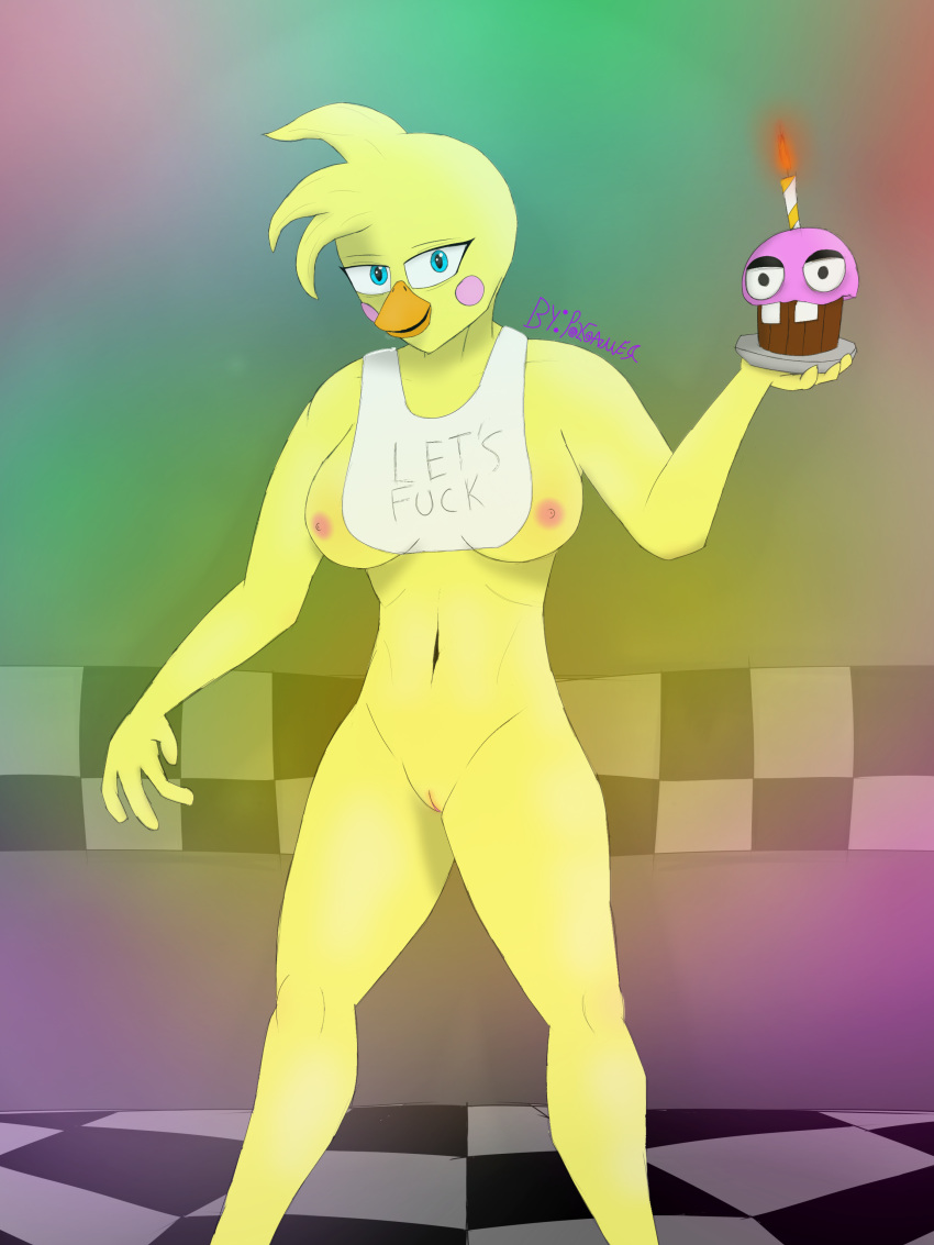 beak bib big_breasts blue_eyes blush breasts bright_eyes chiken cupcake cupcake_(fnaf) exposed_breasts exposed_nipples exposed_pussy exposed_shoulders female five_nights_at_freddy's five_nights_at_freddy's_2 light lighting naked naked_female nipples party polgamer99 posing posing_for_the_viewer small_pussy smiling standing toy_chica_(fnaf) waitress yellow_body yellow_fur yellow_hair yellow_skin